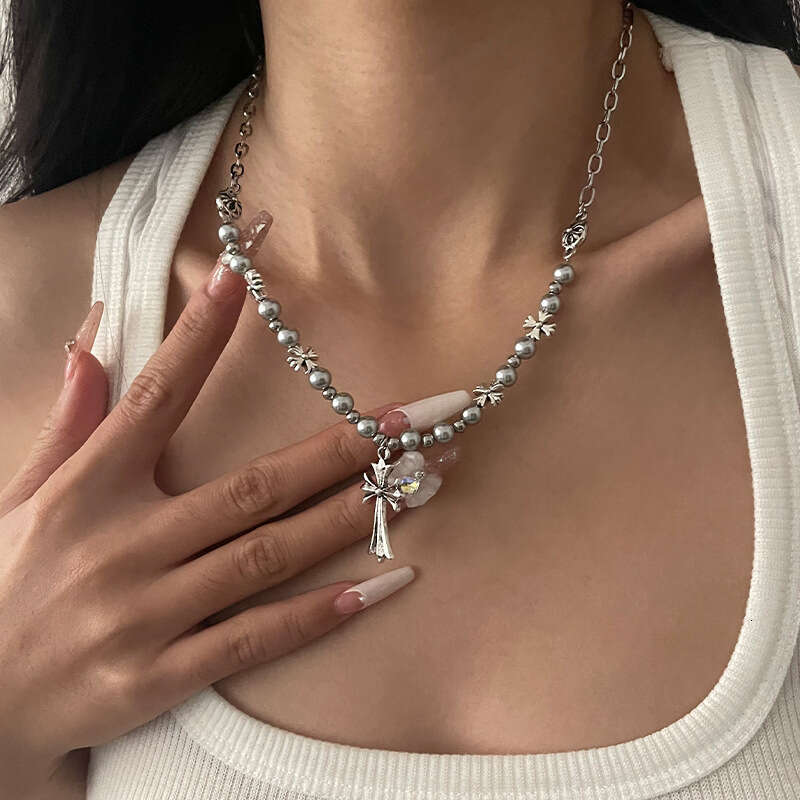 Vintage Cross Beaded Necklace For Women Ins Hip-hop Personality Accessories Sweater Chain