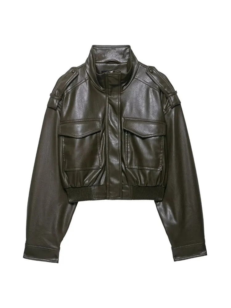 Womens Faux Leather Short Jacket Coat Long Sleeve High Collar Chic Top with Flap Pockets Female Outerwear 260128