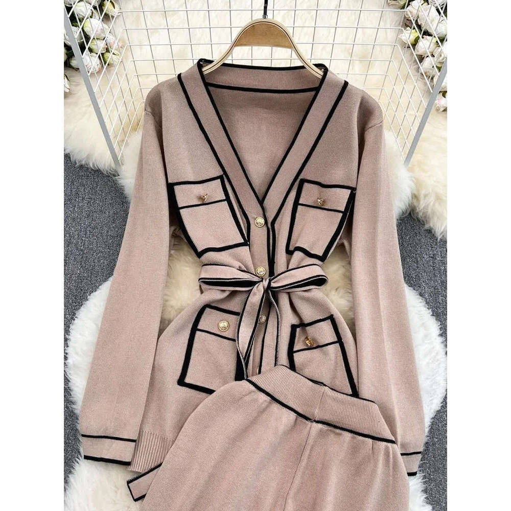 Fashion women's autumn long sleeved tied waist mid length V-neck knitted cardigan jacket wide leg pants two-piece set