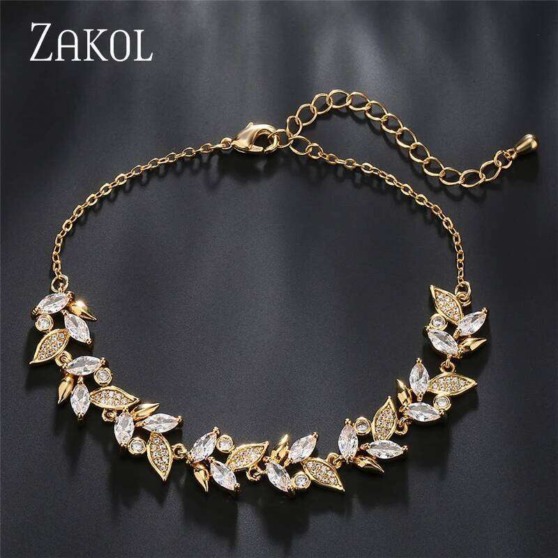 Fashion Marquise Leaf Zircon Charm Bracelets for Women Shiny AAA Cubic Zirconia Gold Color Adjustable Bracelet Wedding Jewelry Z260225