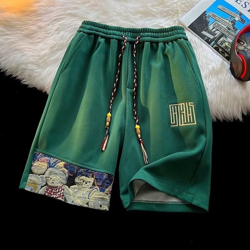 2026 New Design Men's Fashion Cool Patchwork Embroidery Sport Pants Loose Straight Cut Shorts Luxury Men's Beach Pants
