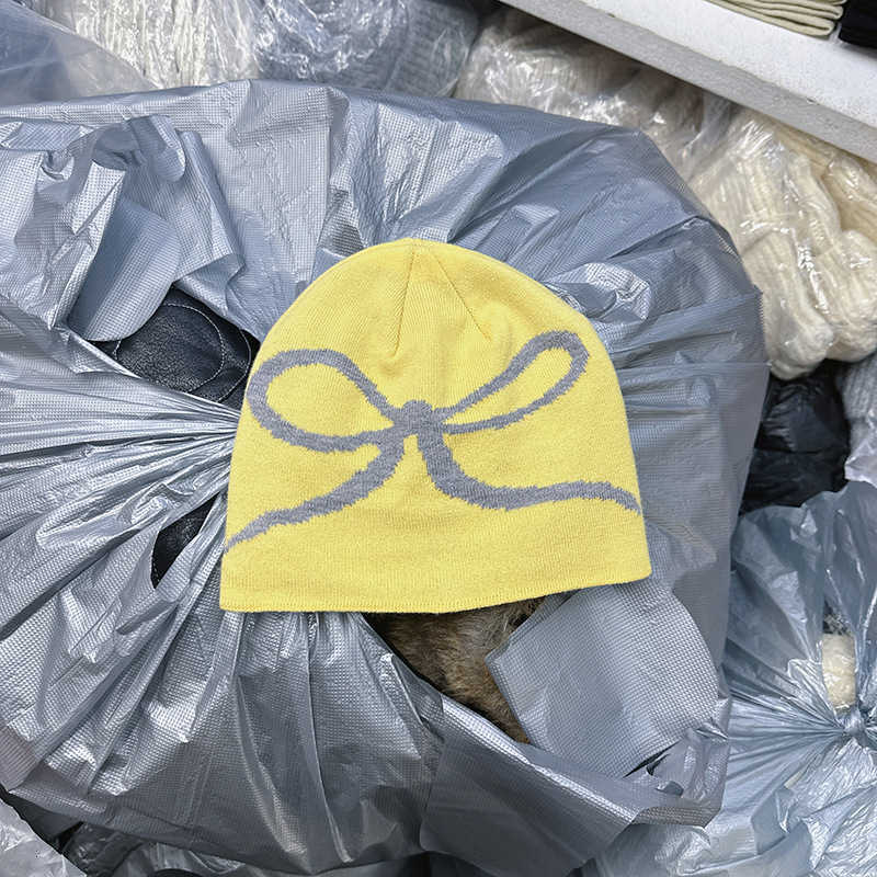 2024 New Korean Autumn/Winter Korean Style Ins Bowknot Print Knit Hat for Women Cute and Warm Cold Weather Hat S260225