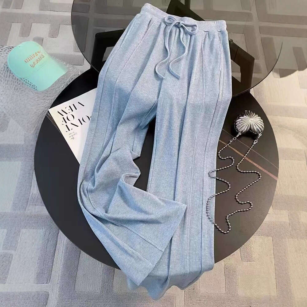 Salt-Style Casual Sports Suit For Women, Spring Trendy, Age-Reducing, Slimming, Blue Hooded Sweatshirt And Wide-Leg Pants Two-Piece Set