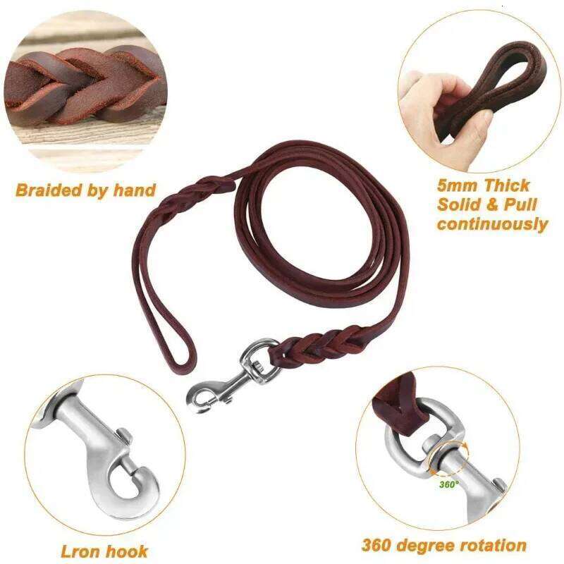 Leash Long Genuine Leather Dogs Leashes Braided Walking Training Leads Brown Color For Medium Large Dog Strong Heavy Pet