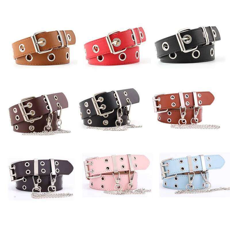 Women Punk Chain Leather Adjustable Double/Single Row Hole Pin Buckle Waist Belts Jeans Cinturones Decorative Belt Y260225