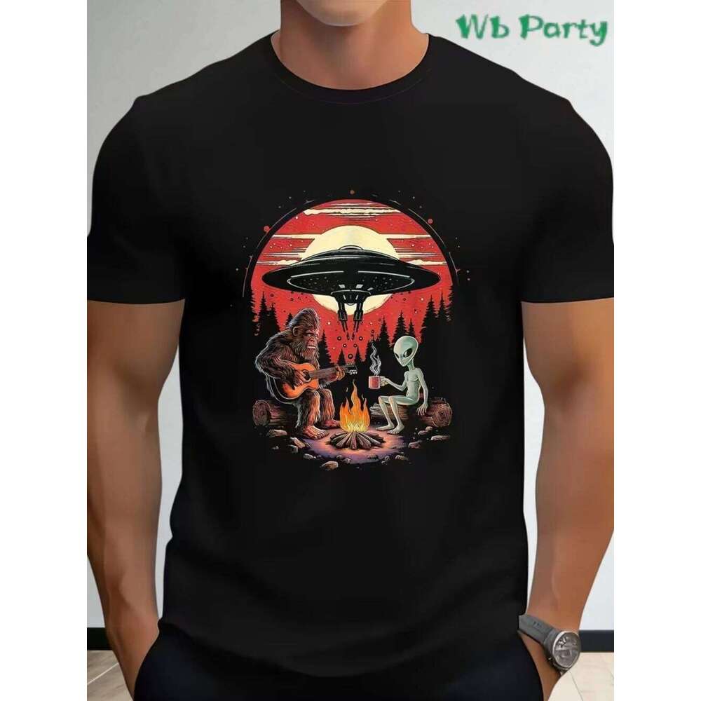 T-Shirts Bigfoot Alien Campfire Guitar Graphic 3D Print Tee Summer Funny Ufo Short Sleeve Tops Outdoor Street Men Clothing C260226