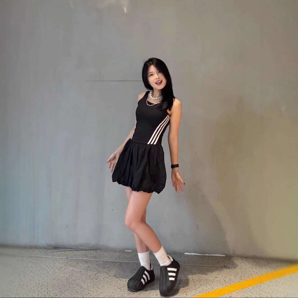 Mardi Hefxessdr High end version Three stripes summer new fashion ballet style color blocking slim fit floral tank dress short skirt Half sleeved loos