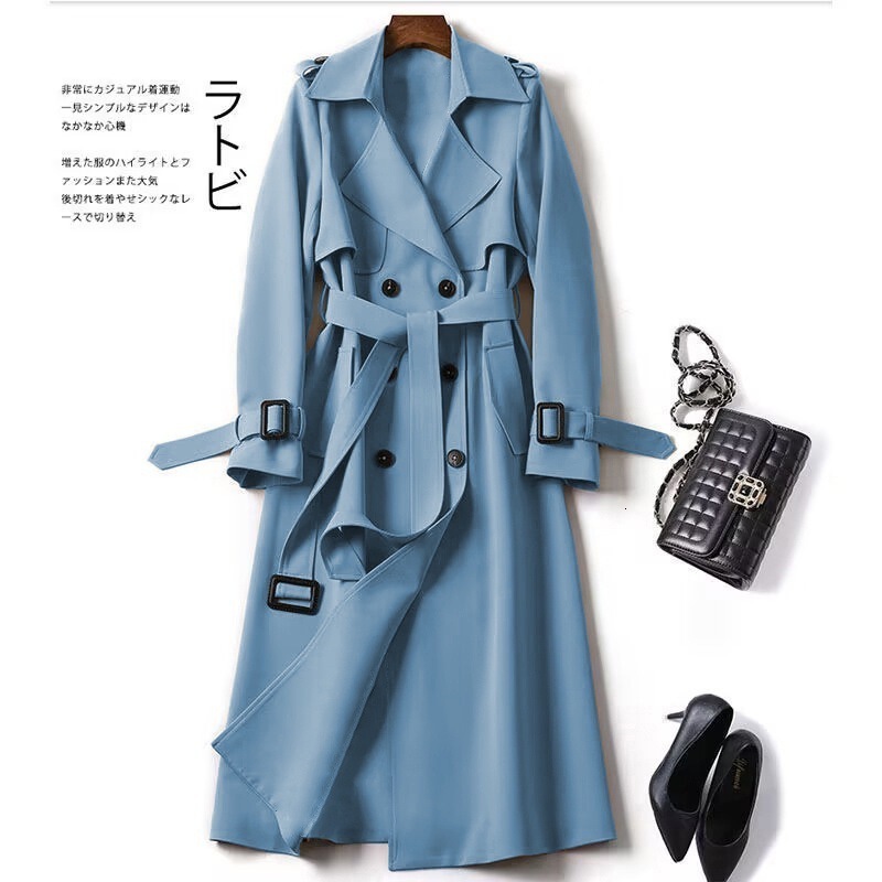 Khaki Lined Lapel Long Trench Coat Women Fashion Double Breasted Full Sleeves Jacket With Pocket Autumn Lady Commute Windbreaker 240906