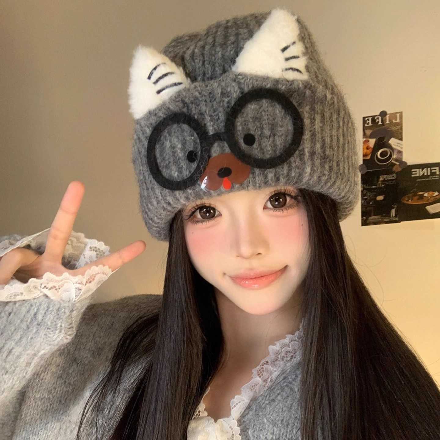 2025 New Cute Cat-Eared Knit Hat for Women Autumn and Winter Warm Ear-Protecting Anti-Cold Woolen Hat S260225