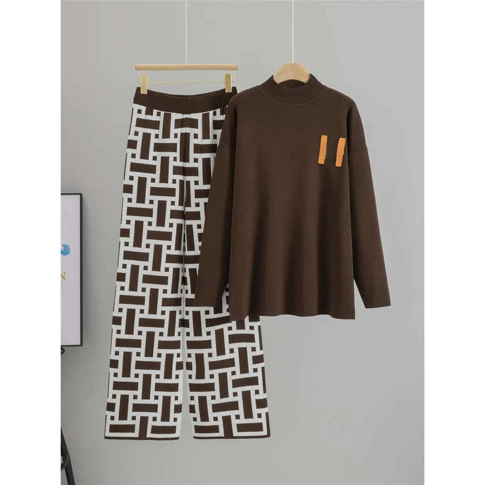 2026 Designer Women's Half High Collar Knitted Sweater Set, Casual Wide Leg Pants Two Piece Set