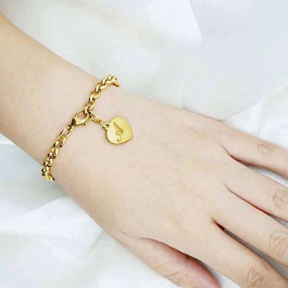 Initial Charm Gold-Color Bracelets Stainless Steel Heart 26 Letters Alphabet Bracelet for Women Girls Kids Gifts Z260225
