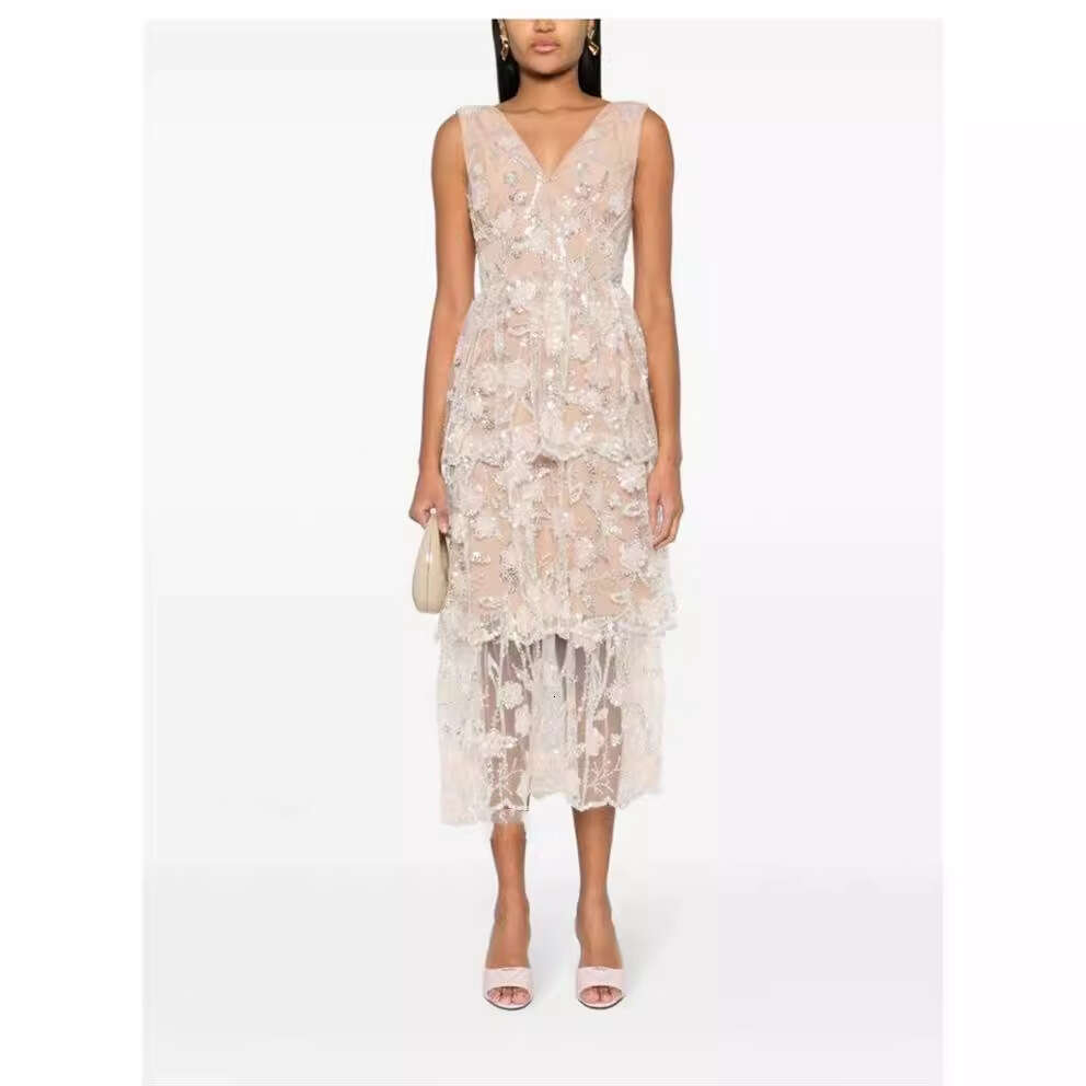 2026 new designer fashion brand elegant fairy style sleeveless V-neck sequined embroidered layered long skirt