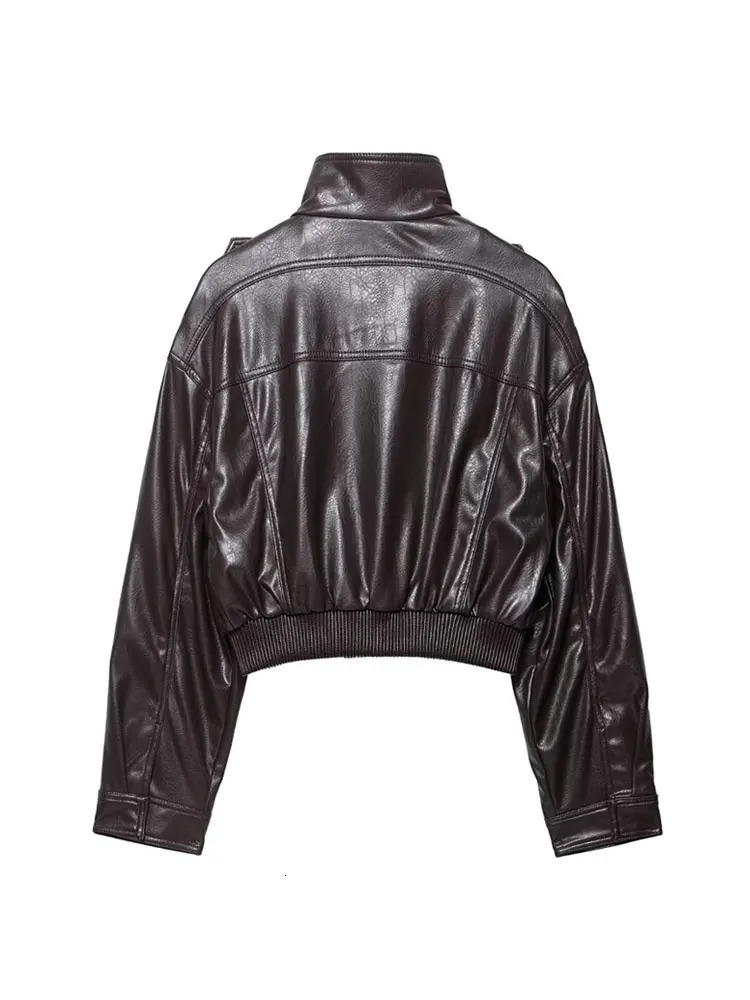 Womens Faux Leather Short Jacket Coat Long Sleeve High Collar Chic Top with Flap Pockets Female Outerwear 260128