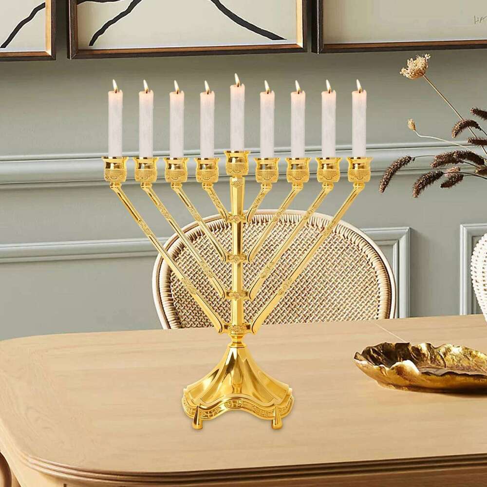 Vintage Hanukkah Menorah with 9 Arms Jerusalem Temple Candle Holder Sturdy for Prayer Festive Celebration Chanukah Decoration W260226