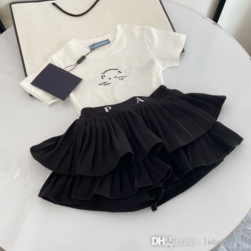 2026 Summer Kids Designer Clothes Cute Two Piece Skirt Set Baby Girls Children Clothing Dresses Sets Short Sleeve Pullover T-shirt And Pleated Cake Dress