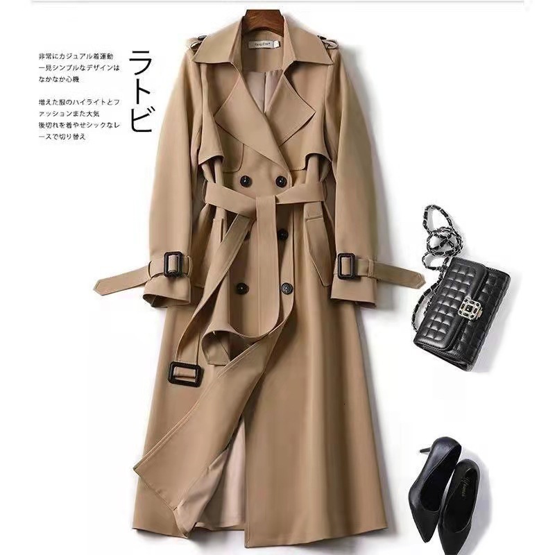 Khaki Lined Lapel Long Trench Coat Women Fashion Double Breasted Full Sleeves Jacket With Pocket Autumn Lady Commute Windbreaker 240906
