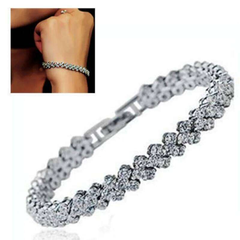 Chain-link tennis Roman chain bracelet, women's zircon crystal diamond-encrusted fashion jewelry, full-diamond silver Z260225