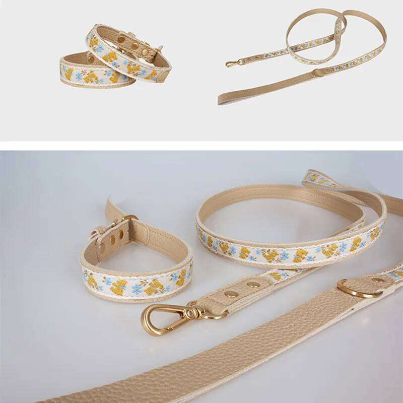 Soft Leather Pet Exquisite Embroidery Dog Collar and Leash Set Yorkshire Terrier Schnauzer Poodle Puppy Collars