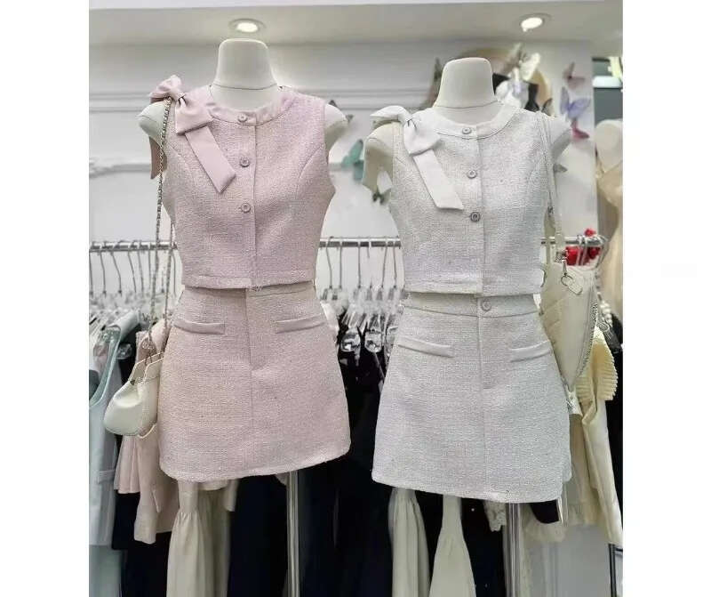 Women's bow celebrity sleeveless top two-piece set spliced single chest ultra-thin sweet summer outfit