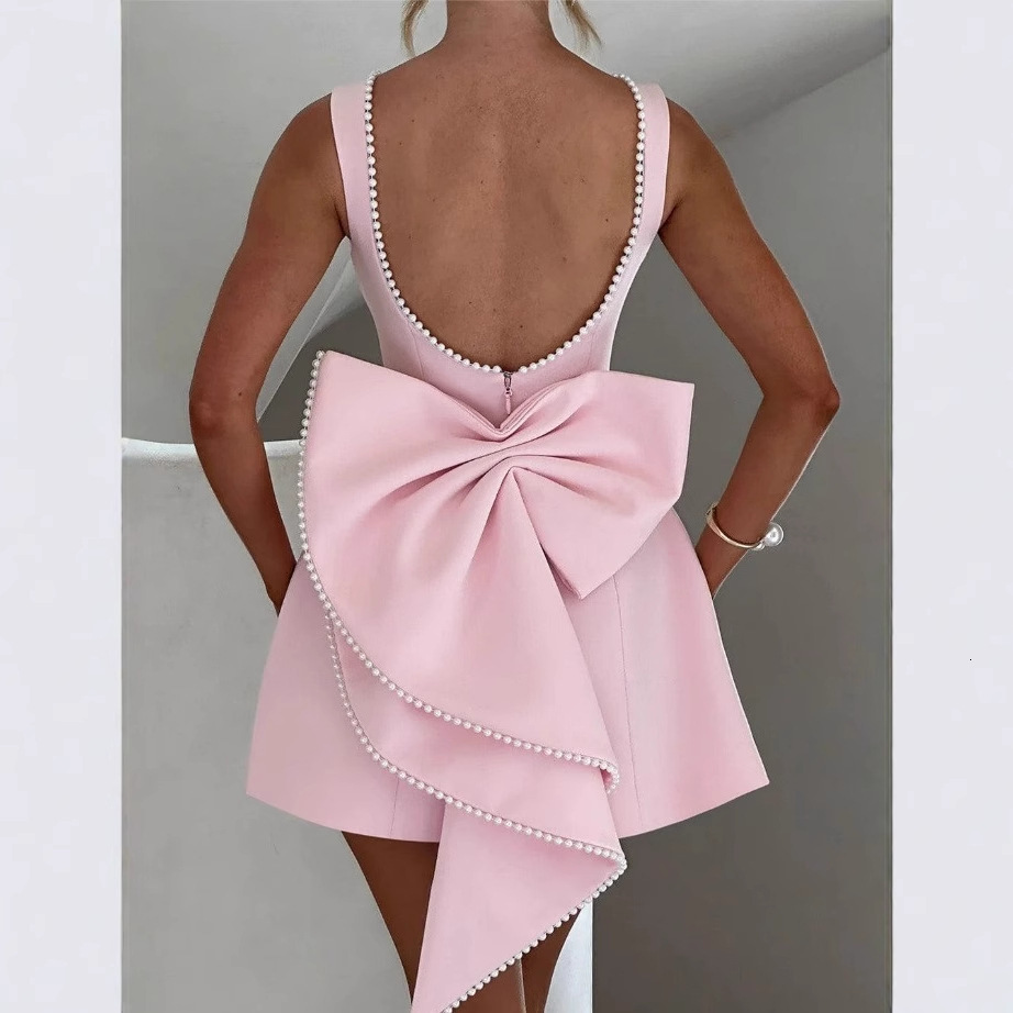 Elegant Backless Bow Satin Dress Spaghetti Strap Party Cocktail Wedding Guest Pink Long Dress for Women Slim Bodycon Sexy Dress 250310
