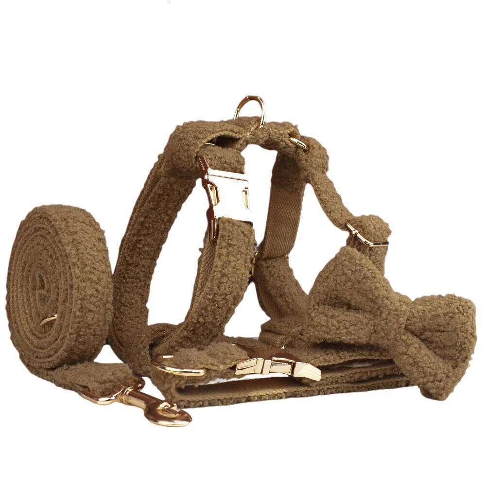 Cute Fluffy Teddy Material Brown Dog Harness And Leash Set Puppy Collars Custom Logo Pet Leads Accessory