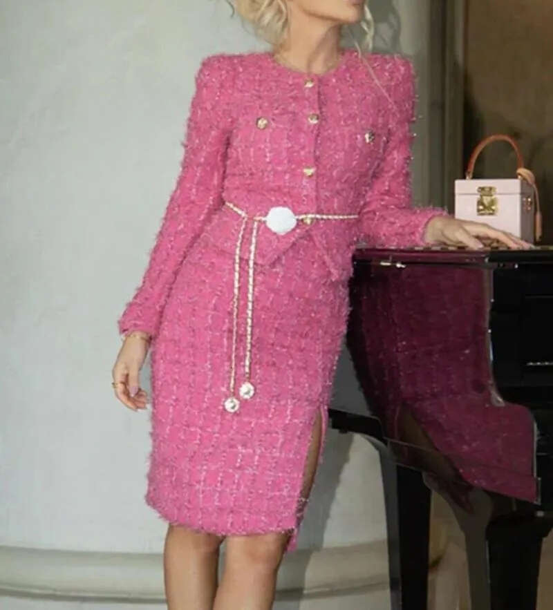 Autumn fashion rose red wool suit women's gold button chain with coarse tweed short jacket jacket split style skirt