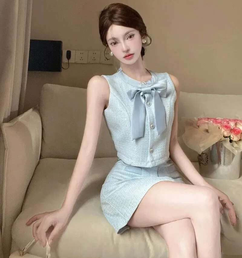 Women's bow celebrity sleeveless top two-piece set spliced single chest ultra-thin sweet summer outfit