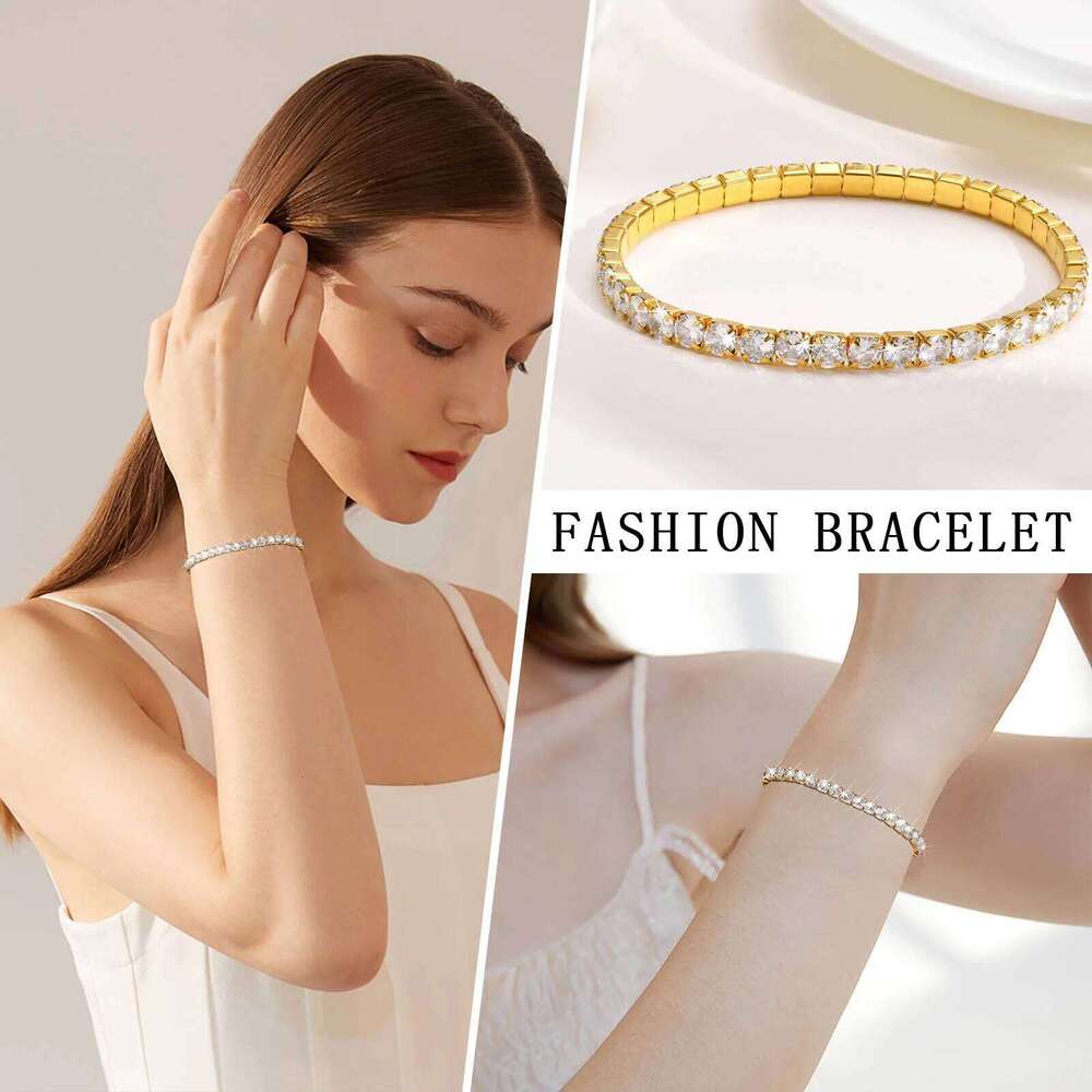 Cubic Zirconia Tennis Bracelet for Women, Elastic Stainless Steel Rose Gold Color Hand Chain, Minimalist Link Wholesale Jewelry Z260225