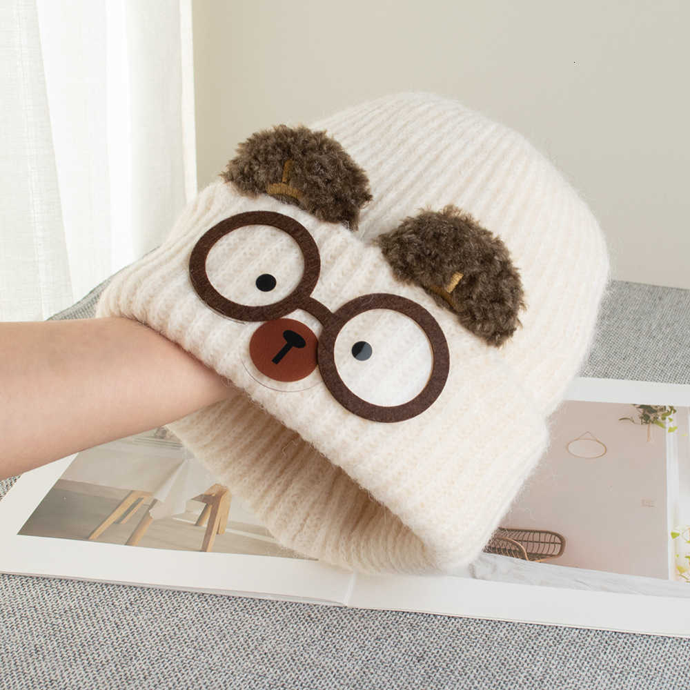 Cute Cat Ear Knitted Hat for Women Autumn and Winter Warmth Large Head Circumference Face Slimming Cartoon Cat Glasses Ear Protection Yarn Hat S260225