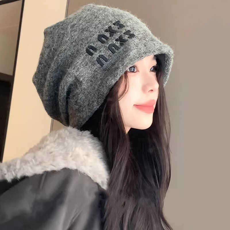 Lazy Style Gray Slouchy Hat for Women Autumn and Winter Versatile Face-Slimming Beanie Large Head Circumference Warm Headwrap Hat S260225