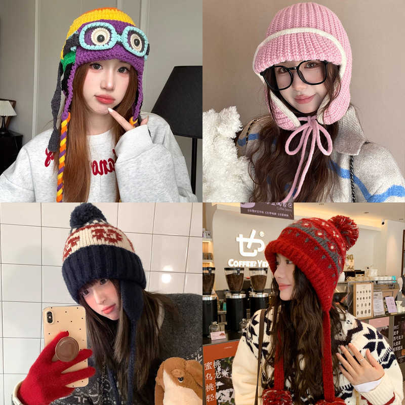 Cute Knitwear Collection------Knitted ear-protecting hat for women in autumn and winter windproof warm and makes the face look smaller plush material 
