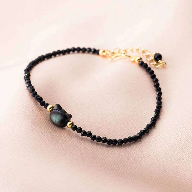 Modian 925 Sterling Silver Vintage Black Round Crystal Cute Cat Link Chain Bracelet For Women Party Jewelry Gifts Z260225