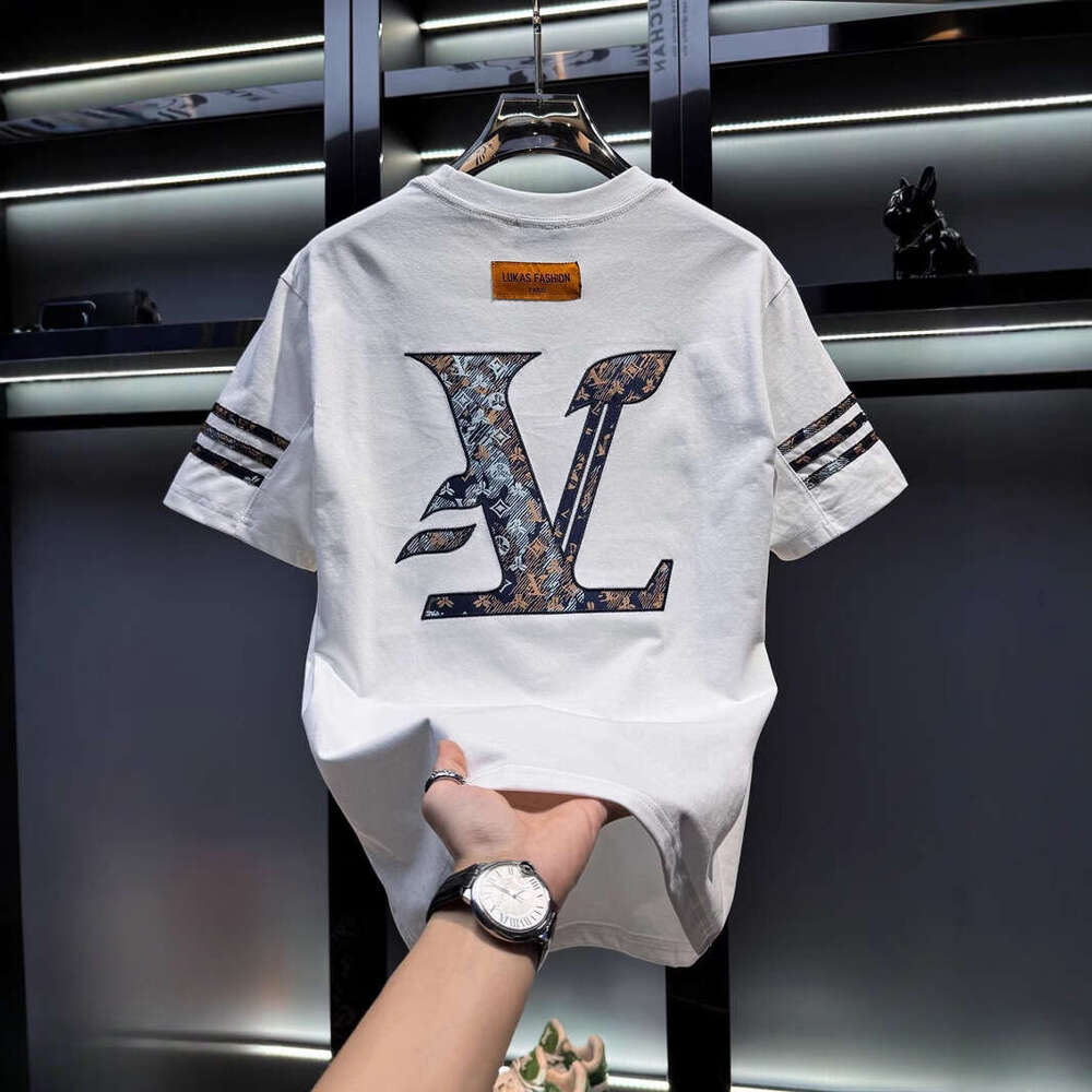 European Men's High-End Embroidered Round-Neck Short-Sleeve T-Shirt, New Trendy Brand Summer Fashion American Style Half-Sleeve