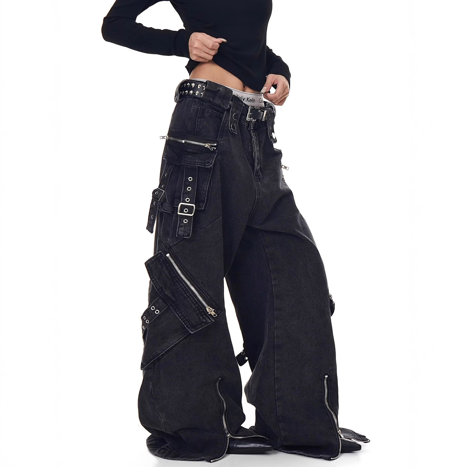 American vibe pants trendy high street brand black lace-up jeans for women straight slim-fit zippered cargo pants for spring240806