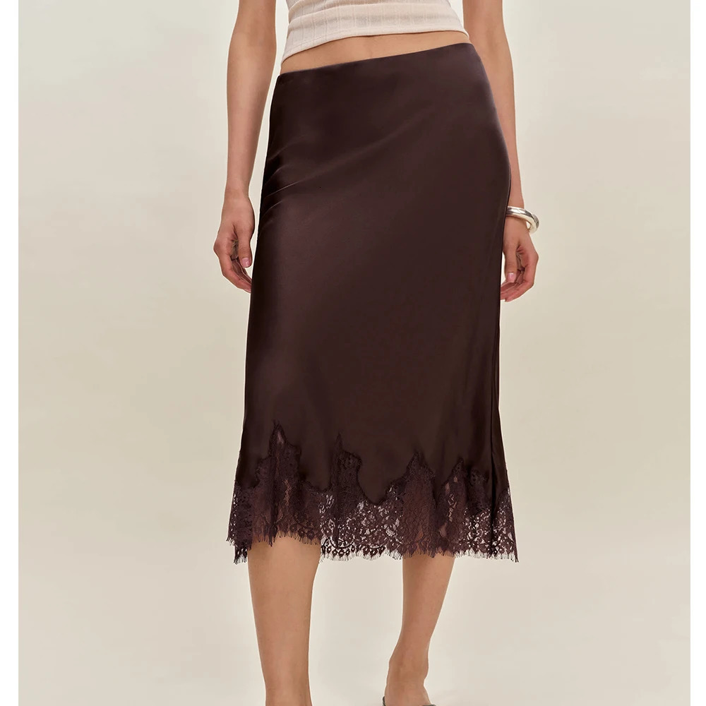 Women Spring Autumn Silk Satin Half Slip Long Skirts Elegant Lace Patchwork Elastic Waist Flowy A Line Midi Streetwear 260129