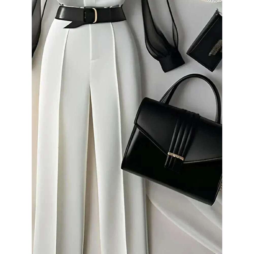 Women's White Pants Loose Set Retro Perspective Autumn Shirt Sleeve Korean Top 2026