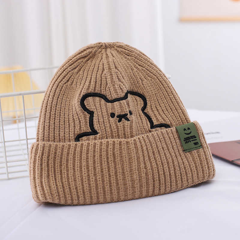 Womens Autumn and Winter Versatile Cute Bear Embroidered Woolen Hat Warm Ear Protection Smiley Face Knit Hat Parent-Child Hat S260225