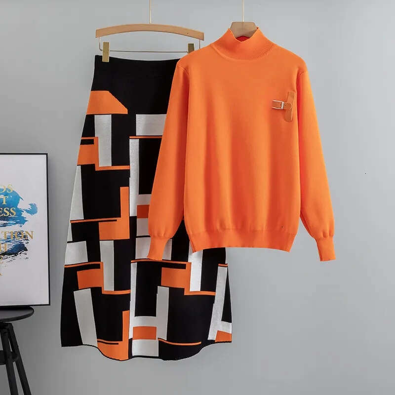 Designer Color blocked Women's Sweater and Skirt Autumn/Winter Knitted Top Two Piece Set 2026