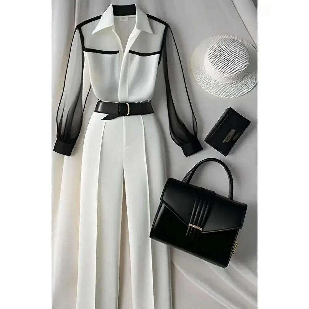 Women's White Pants Loose Set Retro Perspective Autumn Shirt Sleeve Korean Top 2026