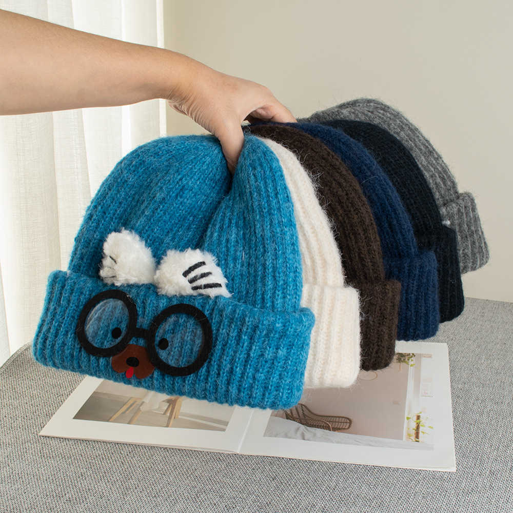 Cute Cat Ear Knitted Hat for Women Autumn and Winter Warmth Large Head Circumference Face Slimming Cartoon Cat Glasses Ear Protection Yarn Hat S260225