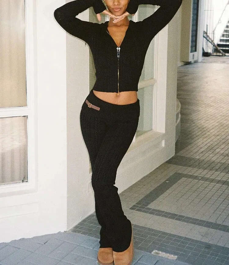 Knitted sleeve zipper hooded women's two-piece thick sweater tight pants solid color casual sports set