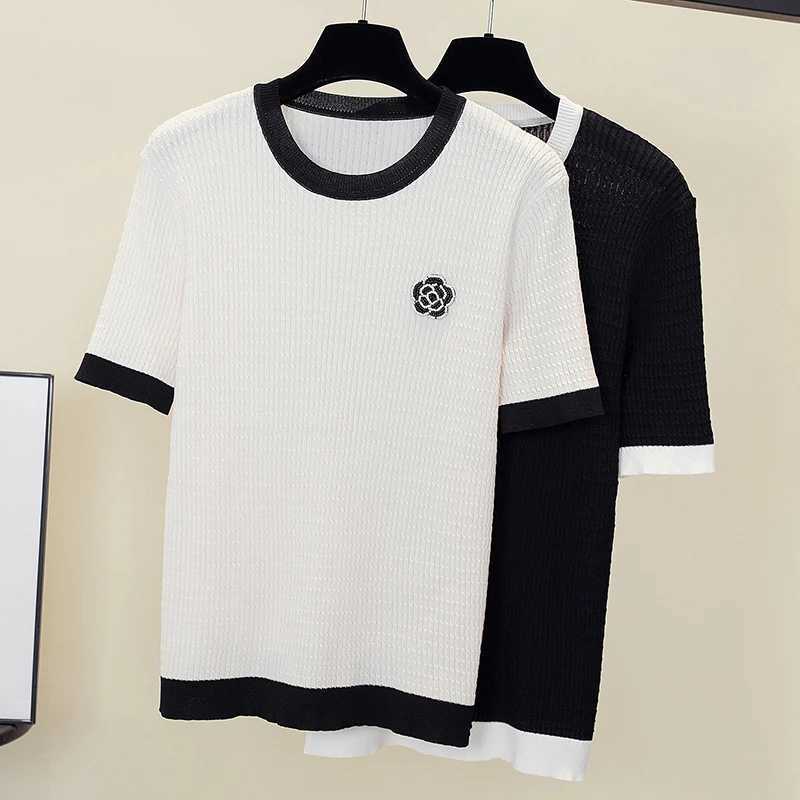 Women's Camellia Jacquard Knit Top, Contrast Trim O-Neck Short Sleeve Summer SweaterT260226