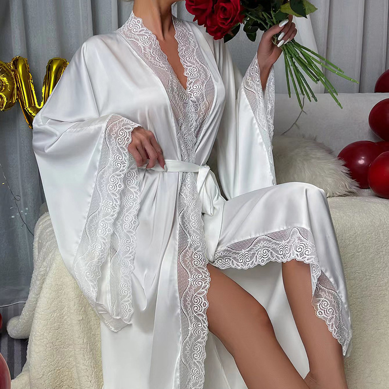 Feiyun New Satin Nightgown for Women Lace Light Luxury Long Sleeve Cool Nightdress Bathrobe Homewear for Women 336 250904