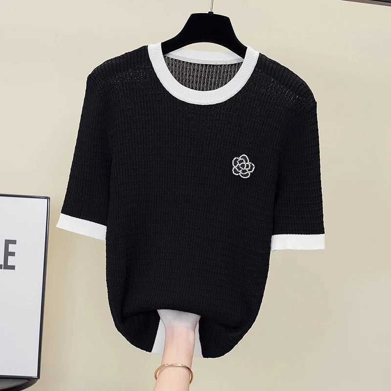 Women's Camellia Jacquard Knit Top, Contrast Trim O-Neck Short Sleeve Summer SweaterT260226
