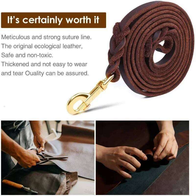 Leash Long Genuine Leather Dogs Leashes Braided Walking Training Leads Brown Color For Medium Large Dog Strong Heavy Pet