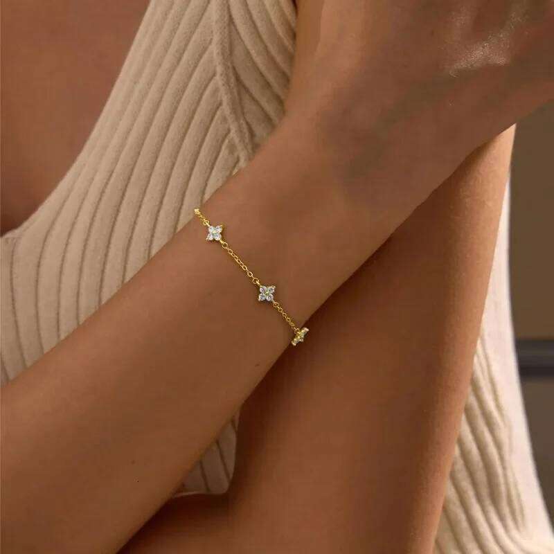 925 Silver Plated Cz Four-leaf for Women Shiny Zircon Flower Adjustable Link Chain Bracelet Cute Dainty Jewelry Z260225