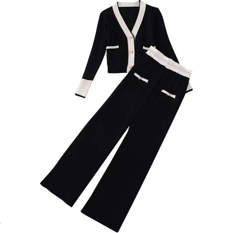 Women's knitted cardigan pants Korean solid color two-piece set Spring and Autumn women's fashionable casual wide leg