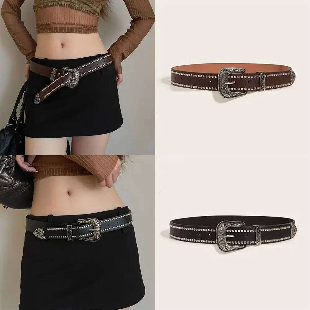 Casual Trendy Punk Rivet Belts Gothic Versatile PU Leather Waistband Y2k Western Cowboy Belt Y260225