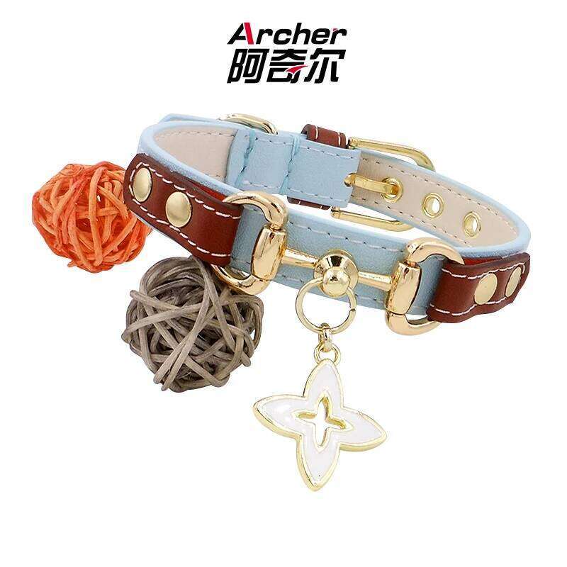 Achille Adjustable Leather Pet Teddy Cat with Metal Neck Collar Drawable Light Blue Contrast Buckle