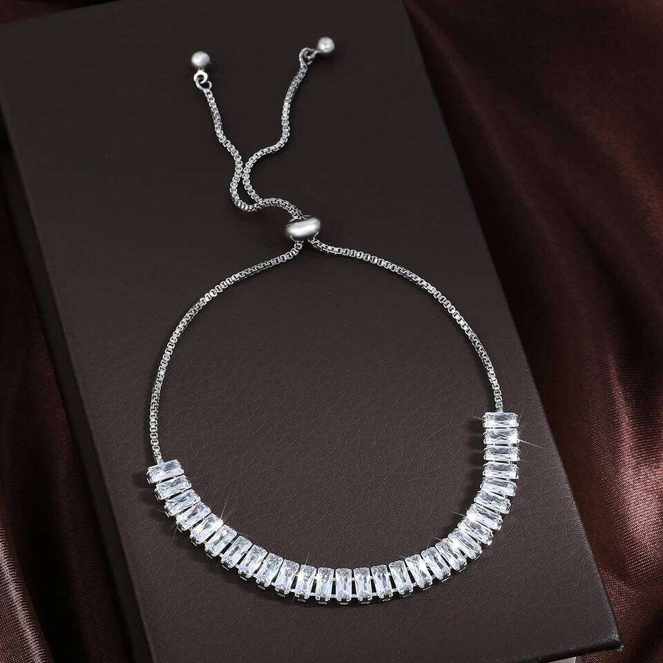 Adjustable Fashion Elegant Rectangle New Crystal Bracelet for Women White Gold Color Bangle Party Jewelry Z260225